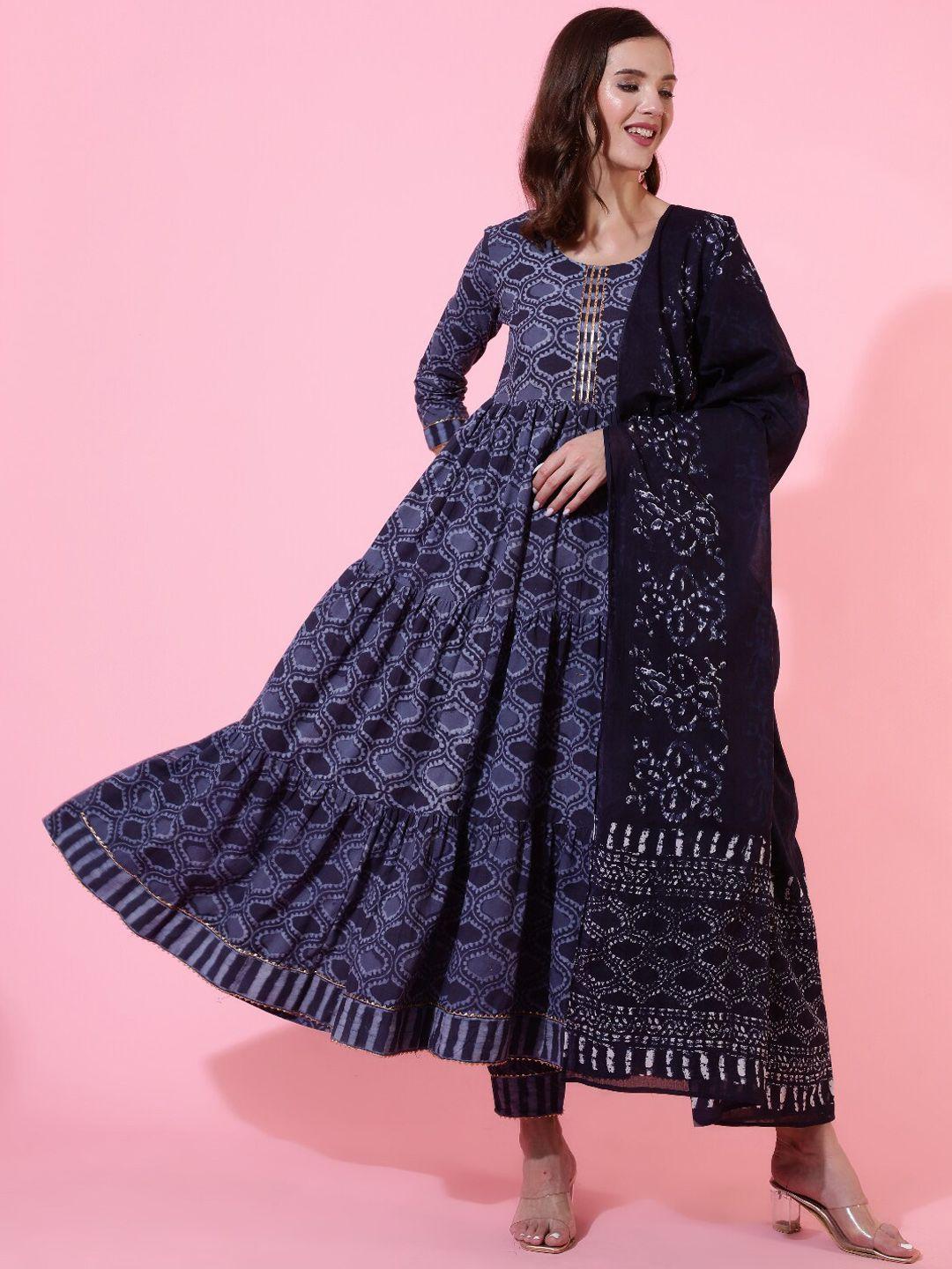 glam roots ethnic motifs printed tiered anarkali kurta with pyjamas & with dupatta