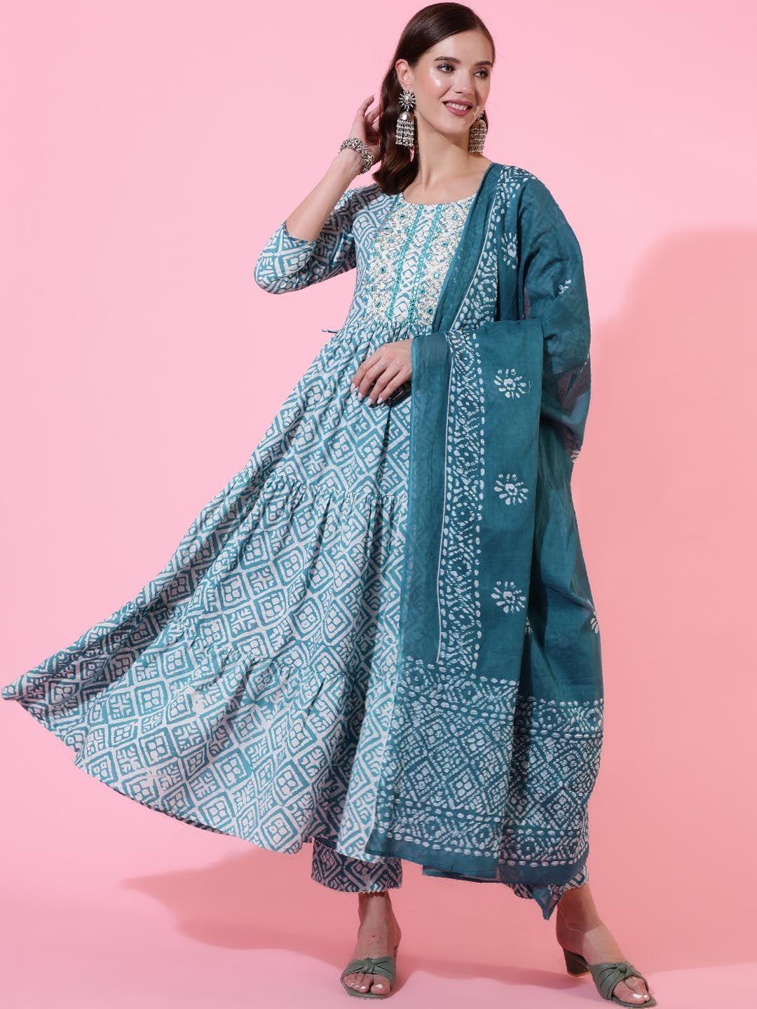 glam roots ethnic motifs printed tiered thread work kurta with trousers & dupatta