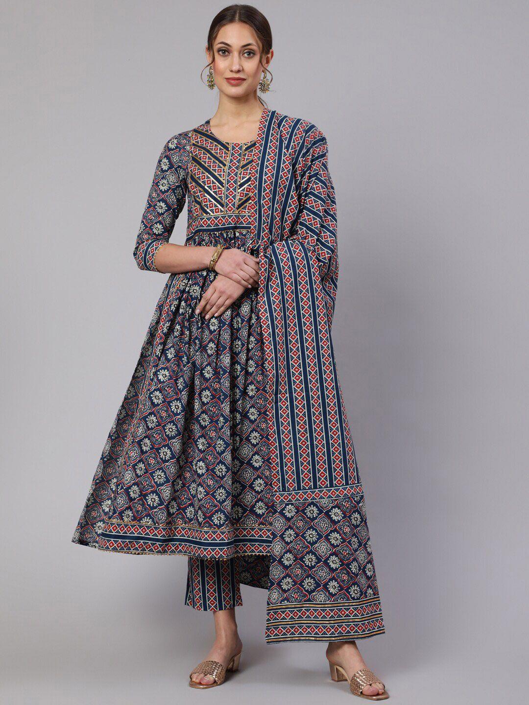 glam roots ethnic printed gotta patti pure cotton anarkali kurta with trousers & dupatta