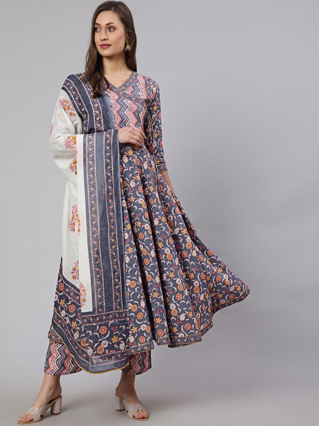 glam roots floral printed angrakha pure cotton kurta with trousers & with dupatta