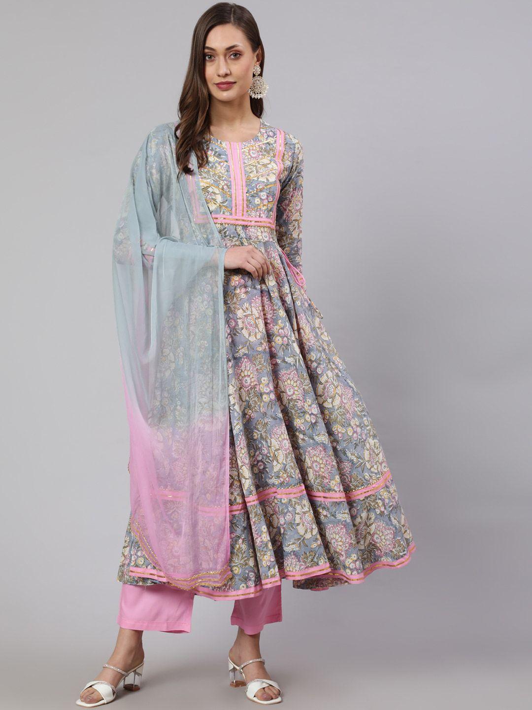 glam roots floral printed angrakha pure cotton kurta with trousers & with dupatta