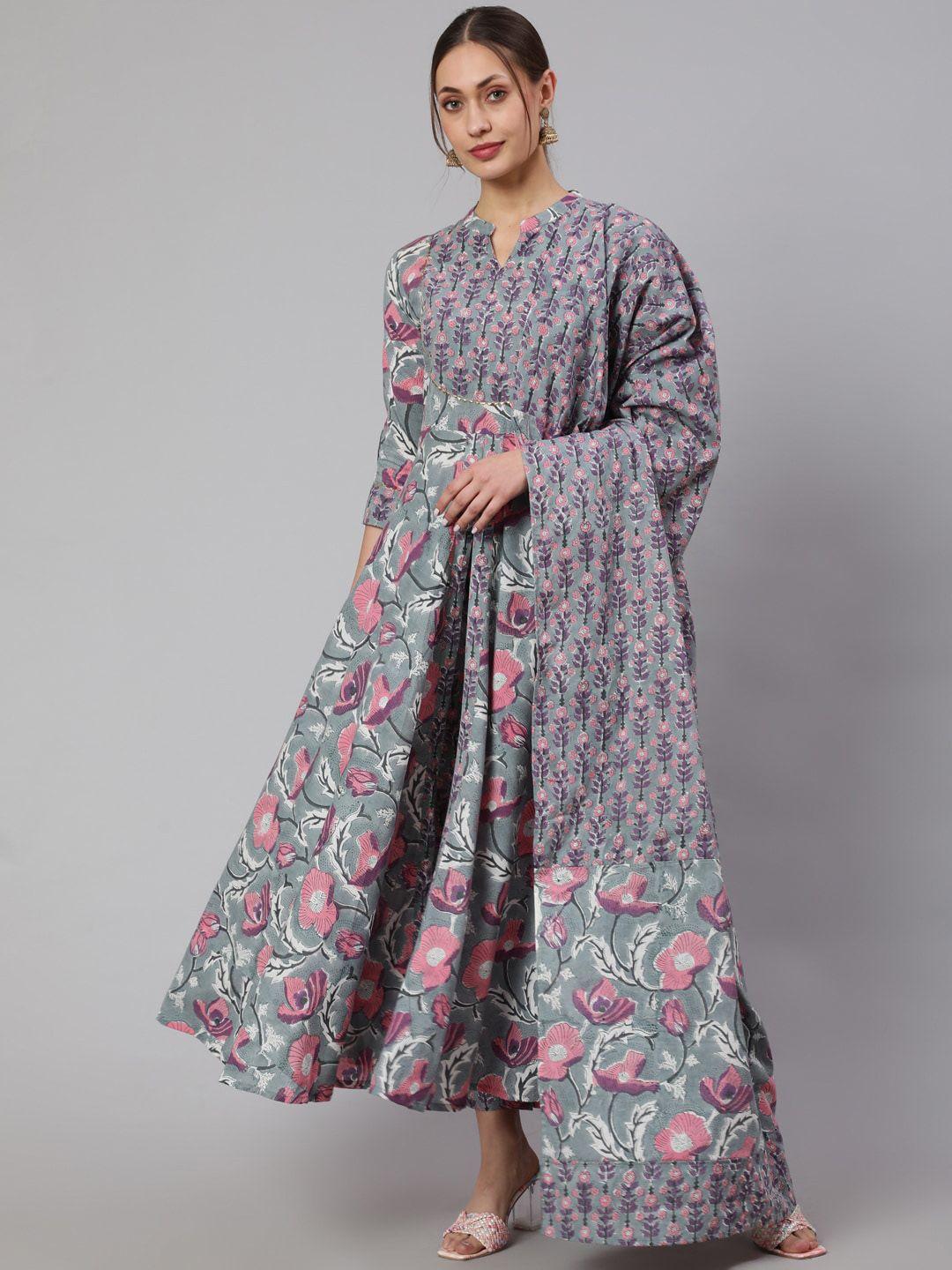 glam roots floral printed gotta patti anarkali pure cotton kurta set with dupatta