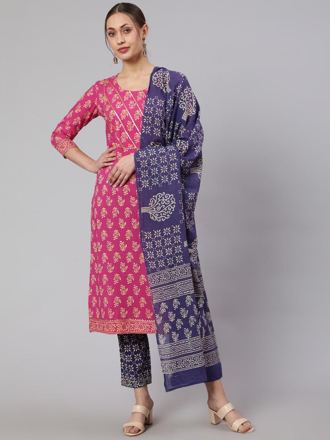 glam roots floral printed pure cotton kurta with trousers & dupatta