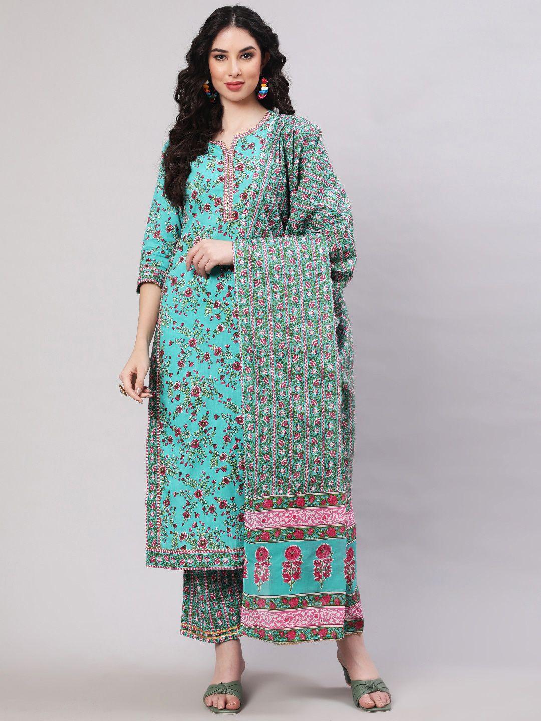 glam roots floral printed regular gotta patti pure cotton kurta with trousers & dupatta