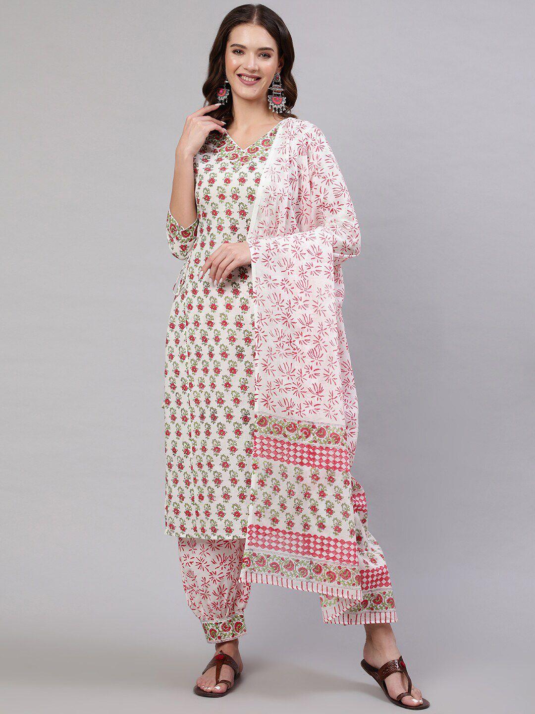 glam roots floral printed v-neck regular pure cotton kurta with trouser & dupatta