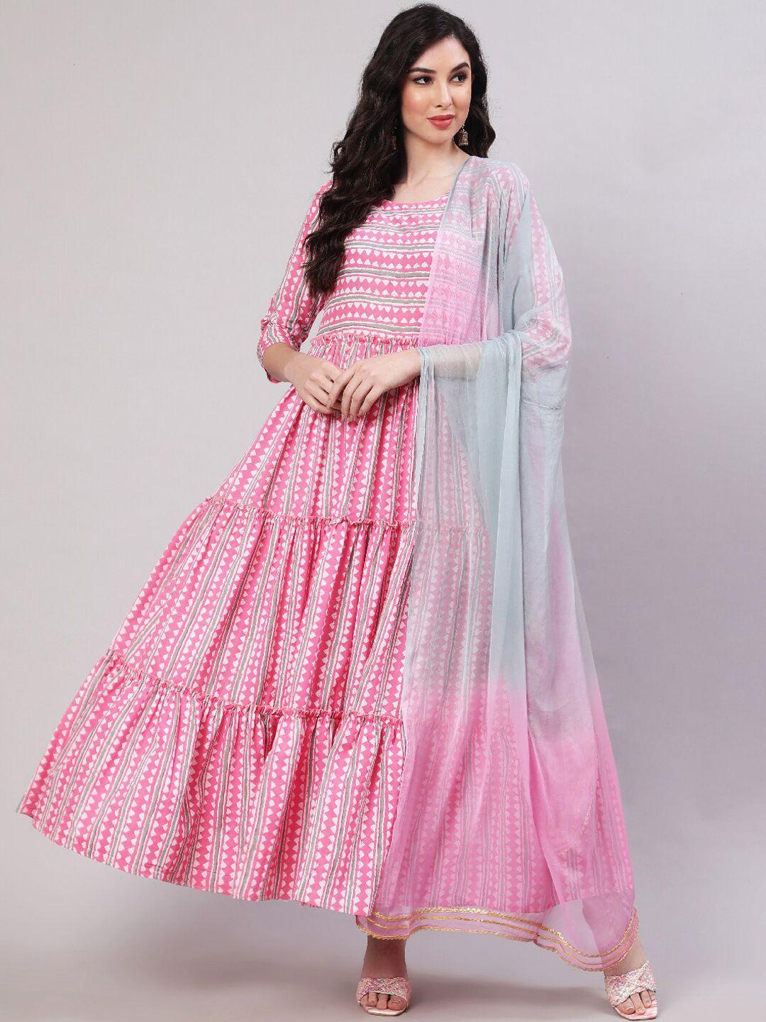 glam roots geometric printed tiered kurta & trouse with dupatta