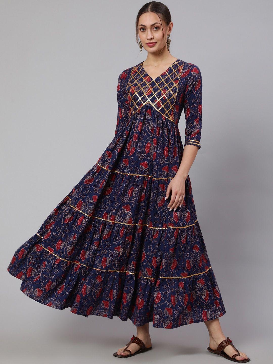 glam roots women blue ethnic motifs checked flared sleeves asymmetric anarkali kurta