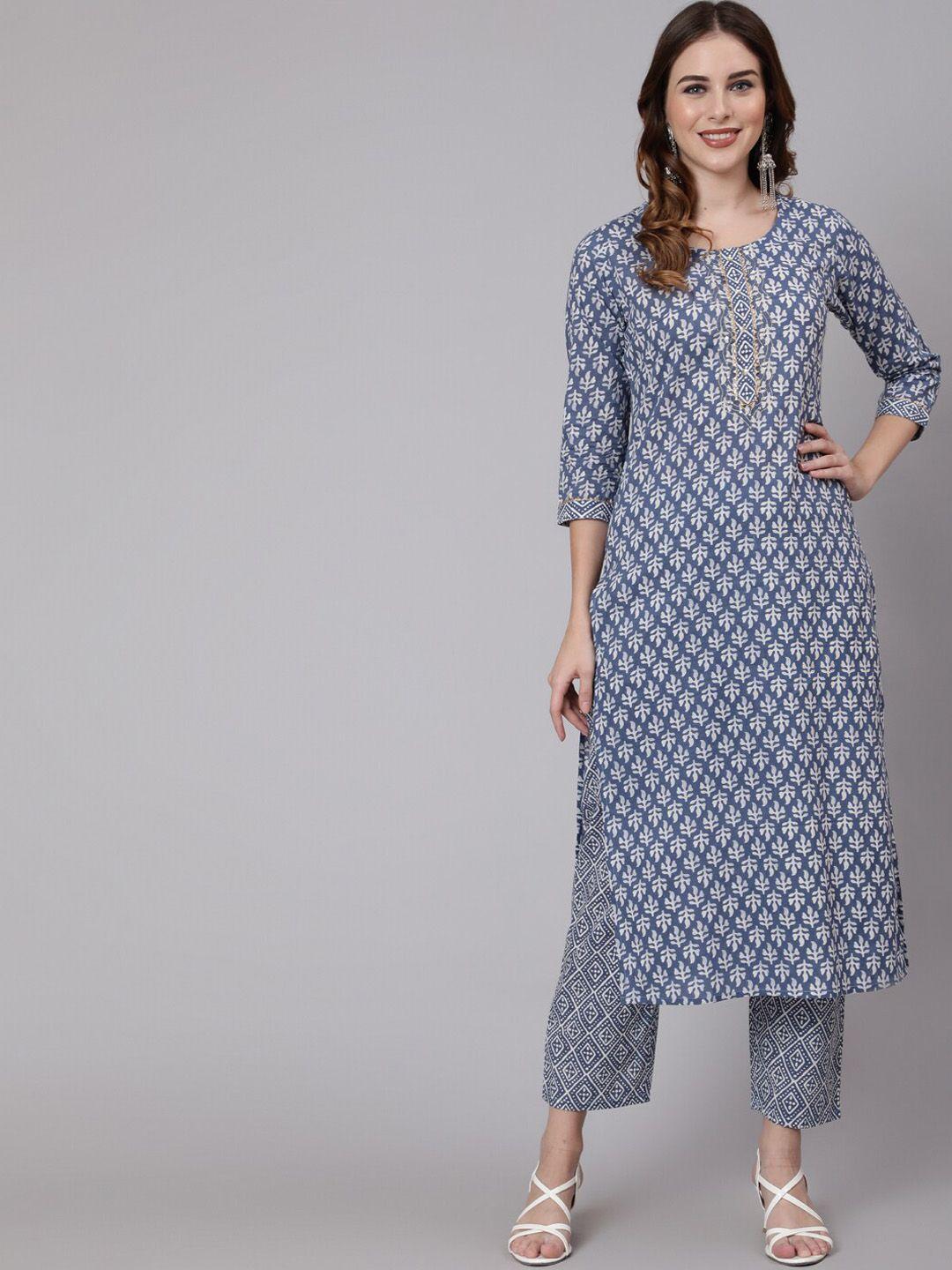 glam roots women blue printed pure cotton kurta with trouser