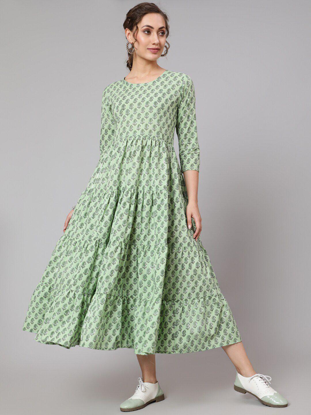 glam roots women green ethnic motifs printed keyhole neck flared sleeves mirror work tiering anarkali kurta