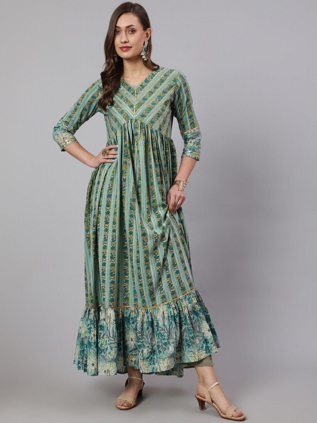 glam roots women green striped flared sleeves asymmetric anarkali kurta