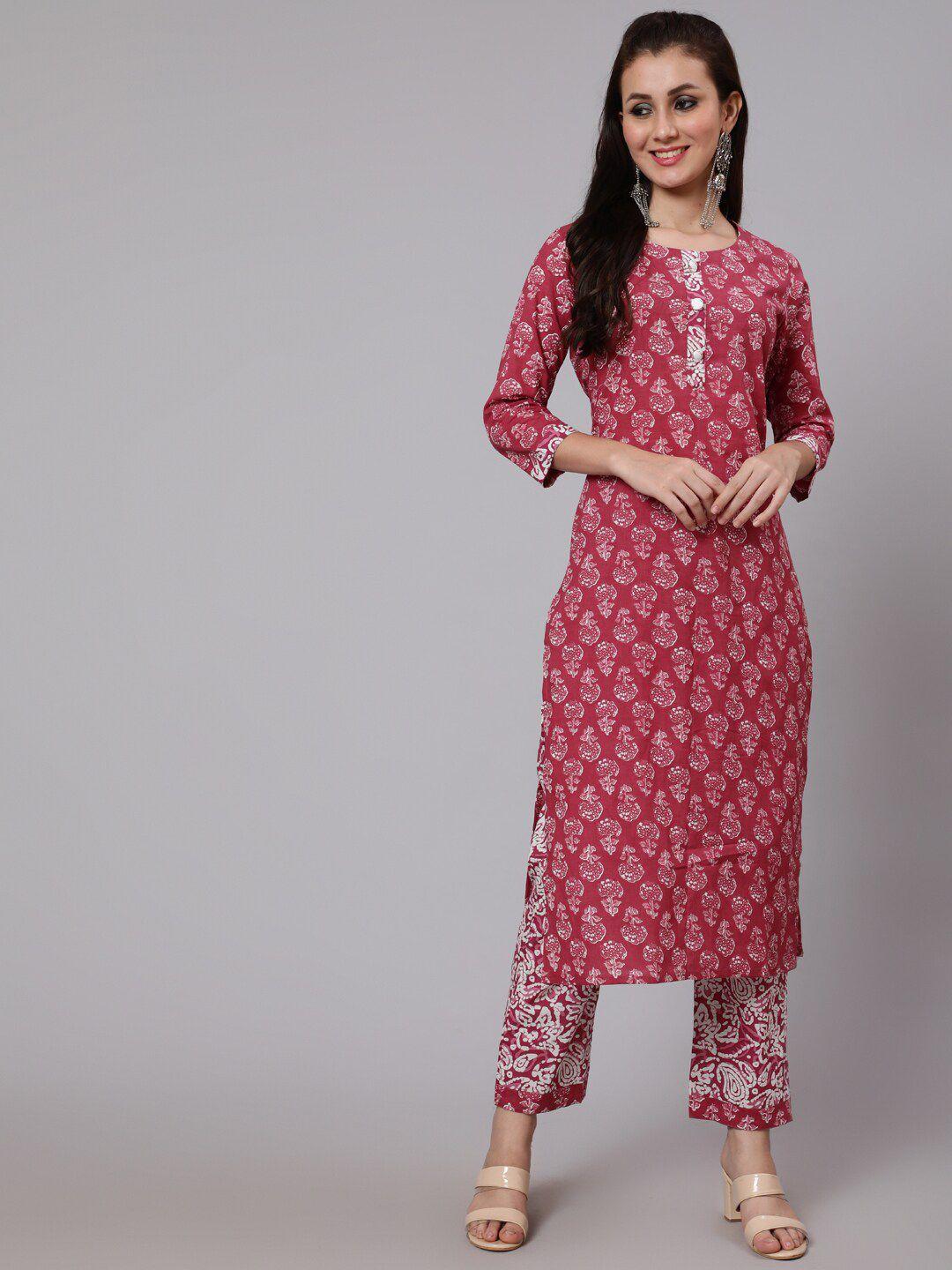 glam roots women maroon floral printed pure cotton kurta with trousers