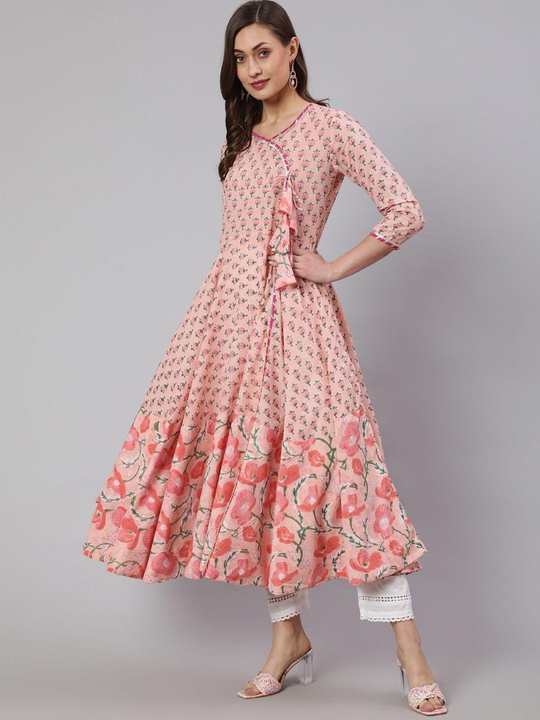 glam roots women peach-coloured ethnic motifs printed flared sleeves mirror work asymmetric anarkali kurta