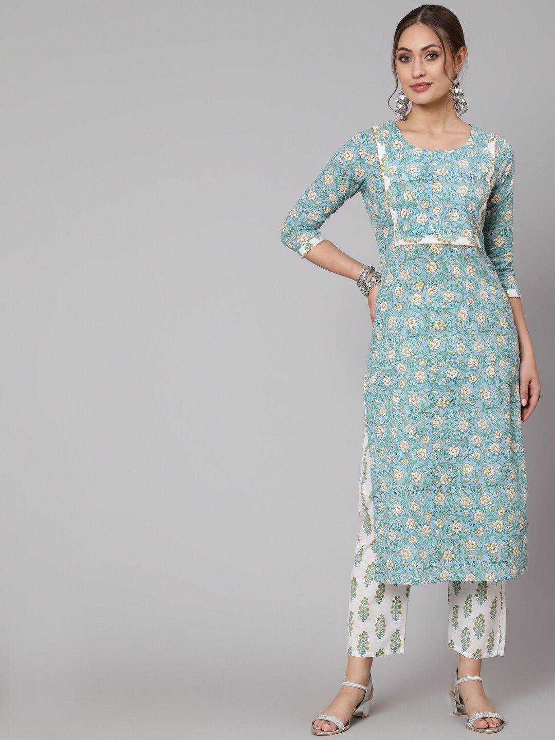 glam roots women turquoise blue floral printed gotta patti pure cotton kurti with trousers