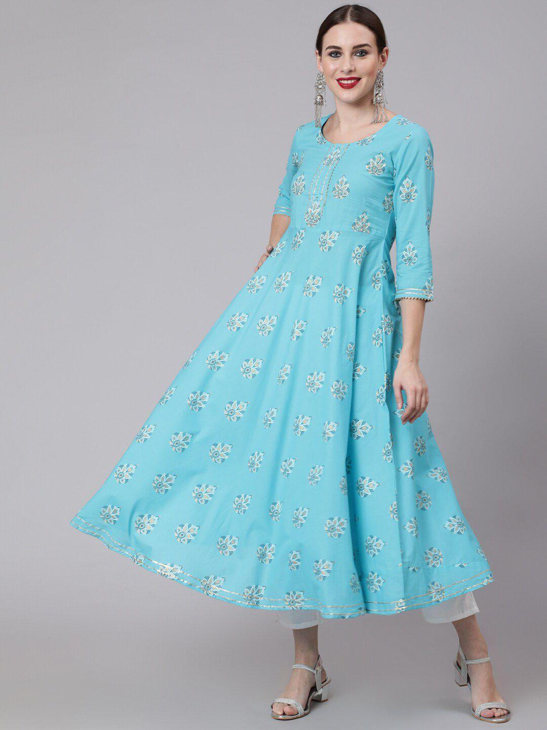 glam roots women turquoise blue geometric embellished floral anarkali kurta