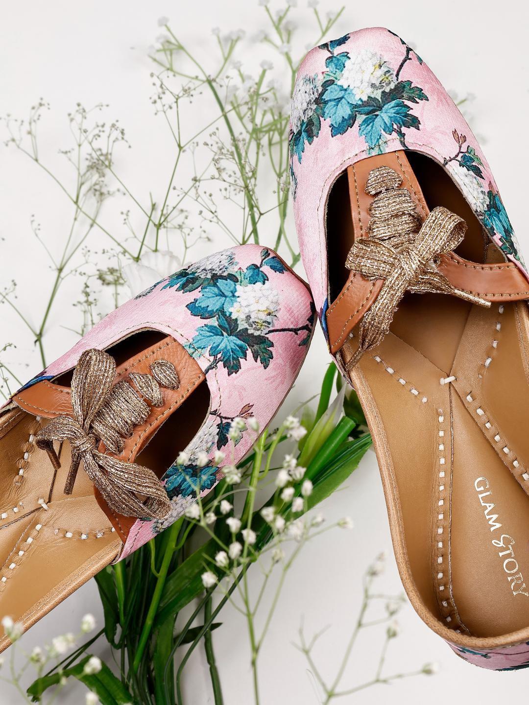 glam story floral printed ethnic square toe leather mojaris with lace up detail