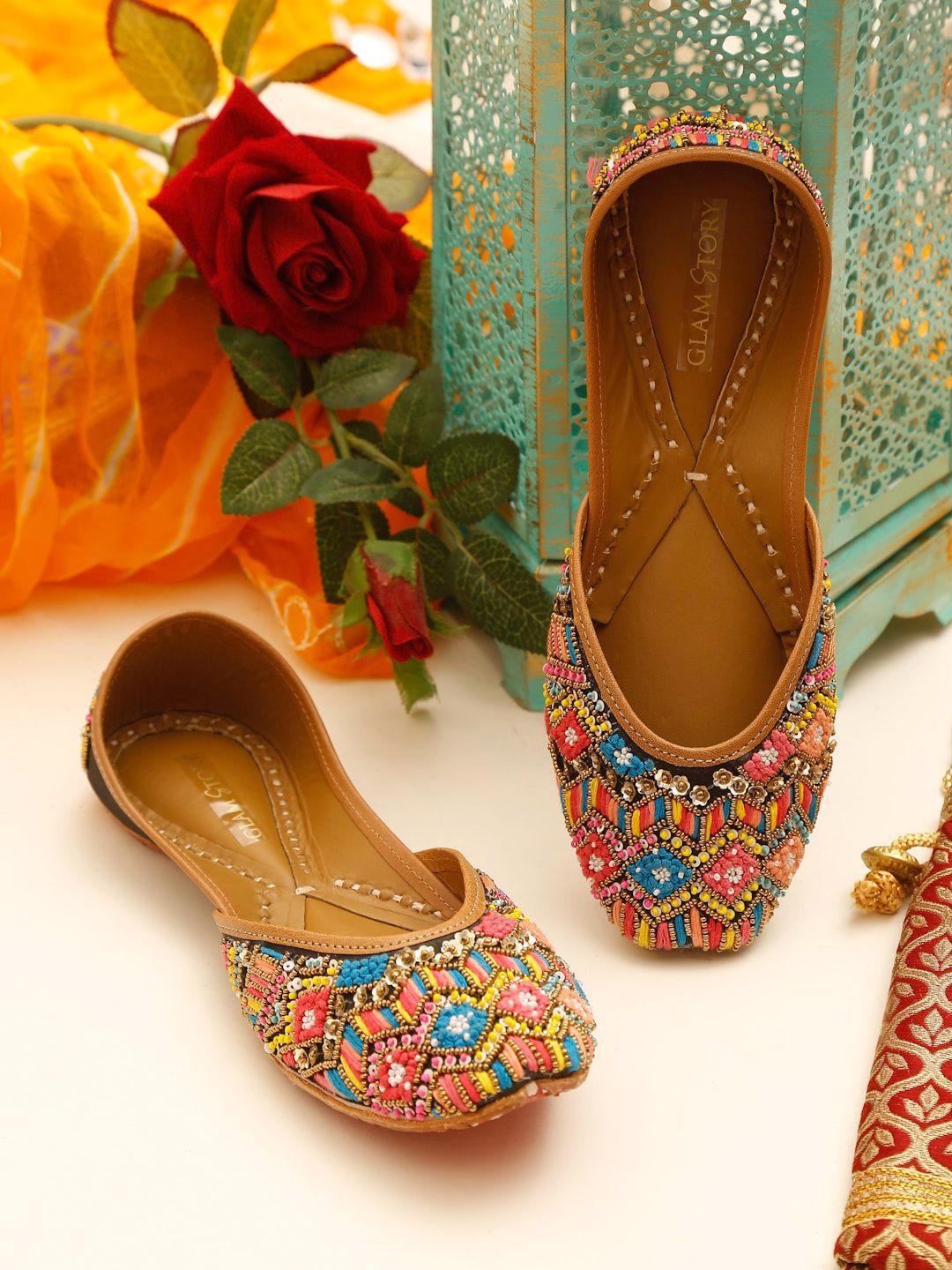 glam story women multicoloured embroidered leather mojaris flats