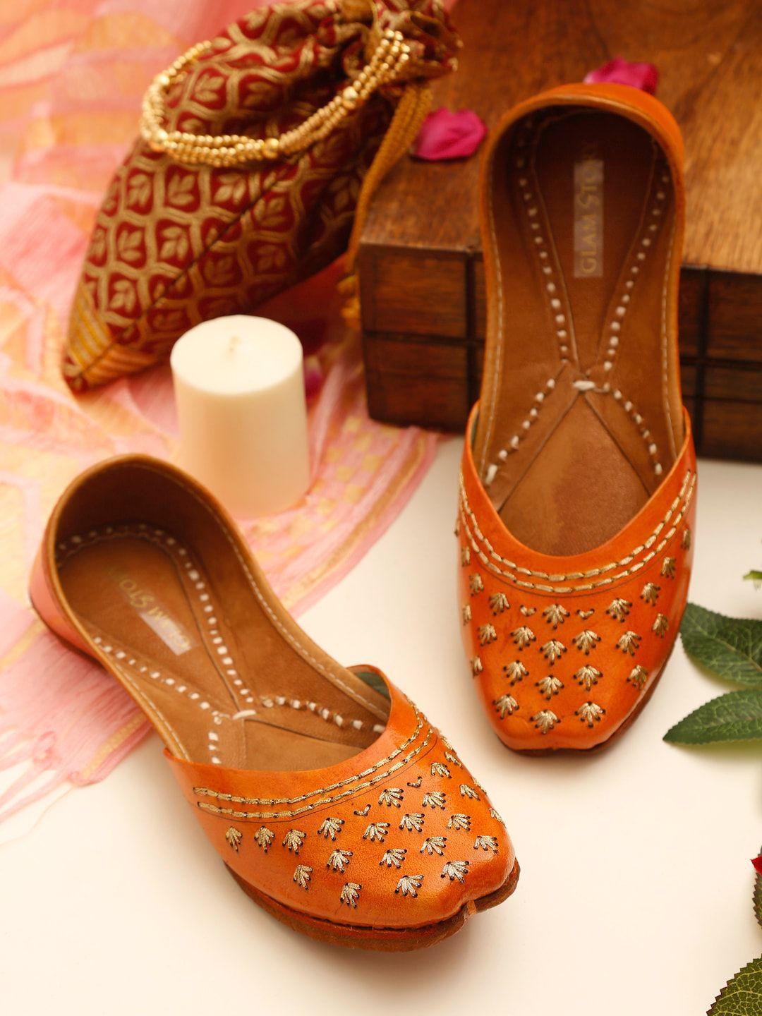 glam story women tan brown embellished leather ethnic flats