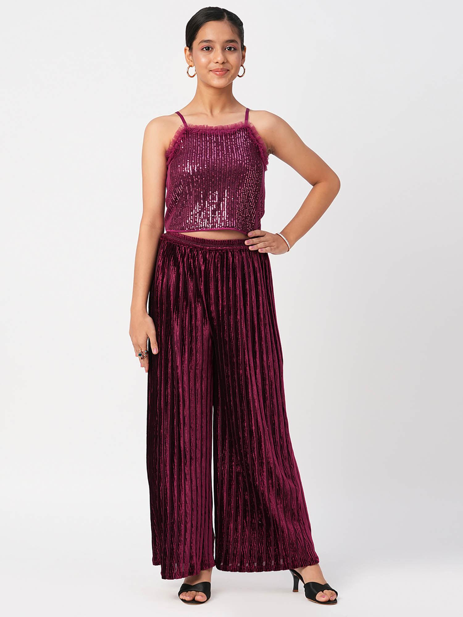 glam up girls maroon pant with sequins top party co-ordinate (set of 2)