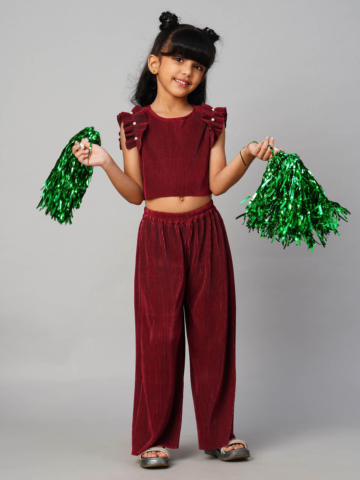 glam up girls maroon party top with pant co-ordinate (set of 2)