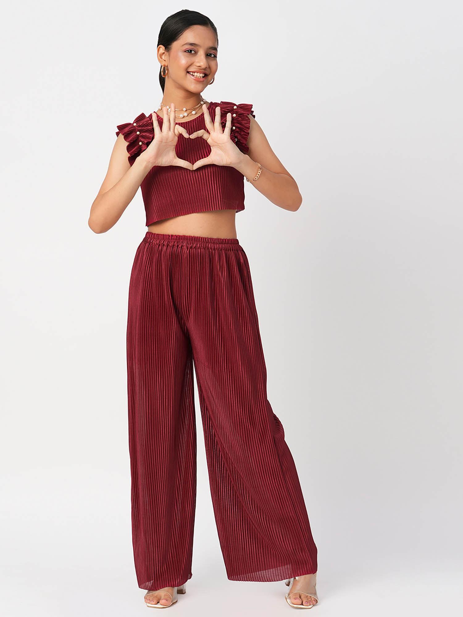 glam up girls maroon party top with pant co-ordinate (set of 2)