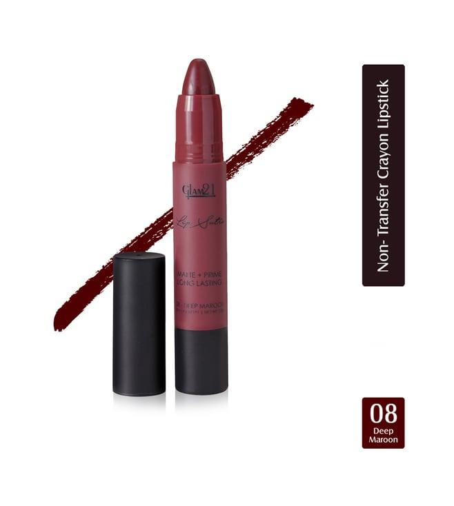 glam21 lip sutra matte + prime crayon lipstick 08 deep maroon - 2.8 gm