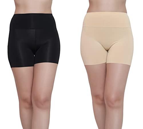 glamoras® women’s high waist ice silk stretchable seamless comfortable safety shorts boy short panties soft & comfy knitted under skirt shorts cycling and tights shorts size-xl, beige/black pack of 2