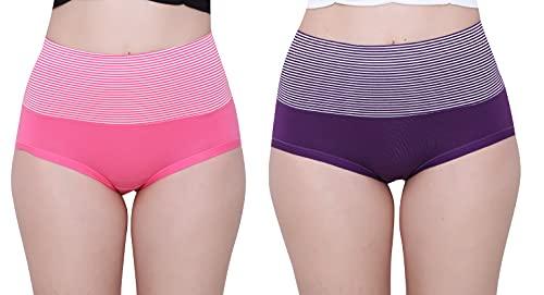 glamoras® women's cotton spandex high rise full coverage panty/tummy shaper hipster panty, free size (pack of 2) pink, purple