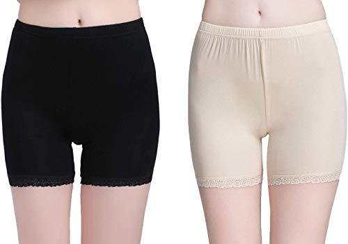 glamoras® women's girl's 4 way stretch cotton short length lace cycling shorts/yoga shorts/under skirt shorts/safety shorts,free size, (pack of 2) black/beige