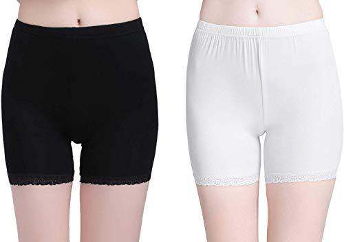 glamoras® women's girl's 4 way stretch cotton short length lace cycling shorts/yoga shorts/under skirt shorts/safety shorts,free size, (pack of 2) black/white