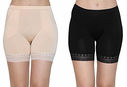 glamoras women's/girl's 4 way stretch cotton spandex high waist safety pants/cycling lace shorts with pockets, size-medium, beige (black, beige, 2)