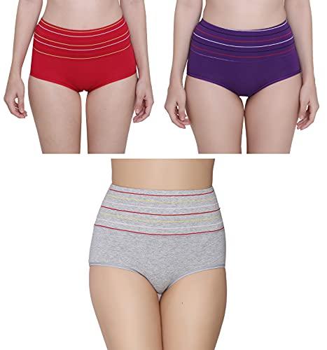 glamoras women's cotton high waist tummy control panty free size (pack of 3) grey, purple, maroon