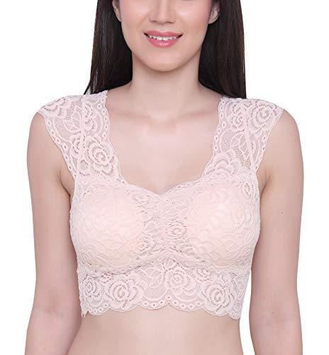 glamoras women's cotton lace spandex lightly padded full coverage everyday bra | soft floral lace bralette bandeau bra crop tube top, free size beige