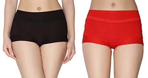 glamoras women's cotton spandex hipster panties mid rise full coverage polka dots print and lace trims underwear briefs boy short panties, size-l (pack of 2) red/black