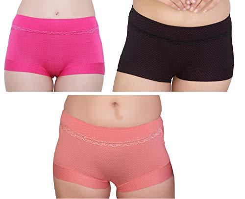 glamoras women's cotton spandex hipster panties mid rise full coverage polka dots print and lace trims underwear briefs boy short panties, size-l (pack of 3) black/pink/peach