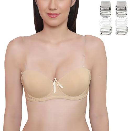 glamoras women's demi cup bra | nylon spandex, padded, underwired, push up bra for women | transparent detachable straps, 3/4 coverage bra (with 2 pair extra straps) | (36, beige)