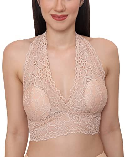 glamoras women's lace spandex padded wire free adjustable straps lace floral pattern everyday bra | smooth lace full coverage bralette bandeau bra crop tube top, free size beige-102