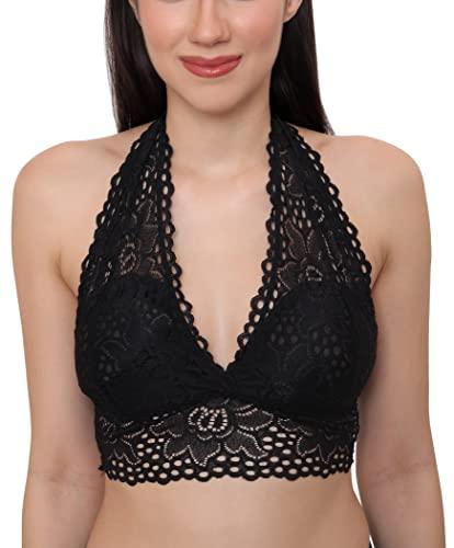 glamoras women's lace spandex padded wire free adjustable straps lace floral pattern everyday bra | smooth lace full coverage bralette bandeau bra crop tube top, free size black-102