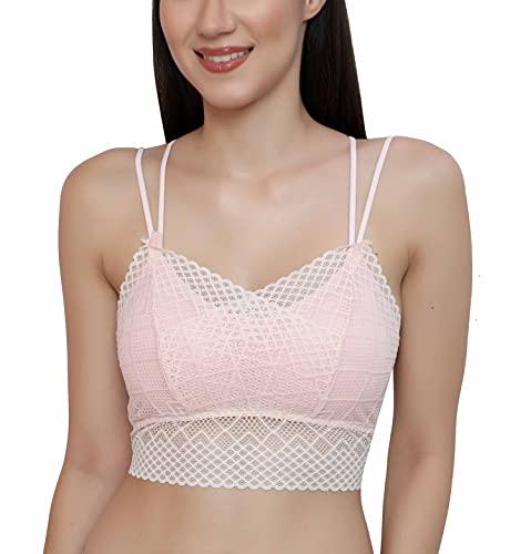 glamoras women's lace spandex padded wire free adjustable straps lace floral pattern everyday bra | smooth lace full coverage bralette bandeau bra crop tube top, free size light pink