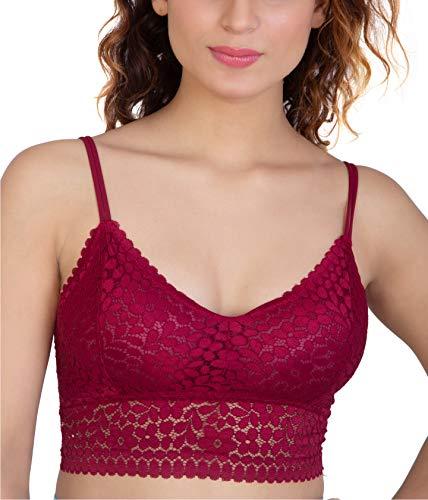 glamoras women's lightly padded lace bra solid floral camisole with light padding seamless breathable stretchable spaghetti straps bralette bras removable pads - free size, maroon