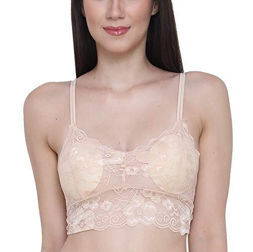 glamoras women's lightly padded lace bra solid floral camisole with light padding seamless breathable stretchable spaghetti straps bralette bras removable pads - size-l, beige new