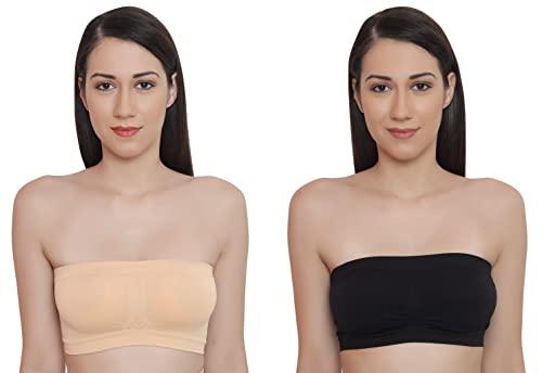 glamoras women's nylon spandex non padded wireless tube bra free size | seamless bandeau crop tube top bra strapless bralette - pack of 2, black, beige