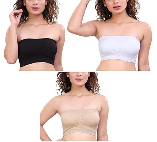 glamoras women's nylon spandex tube bra padded wire free seamless stretchable strapless bandeau bralette bras free size, white, beige & black