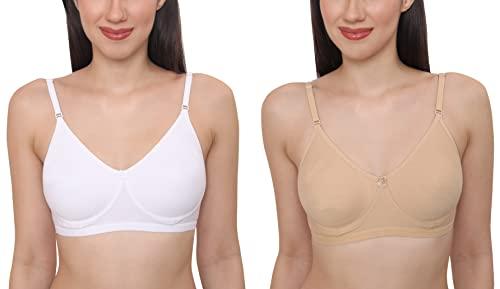 glamoras women's soft poly cotton non padded wirefree everyday t-shirt full coverage bra with adjustable straps - pack of 2 | color- beige, white, size-32c, c-cup