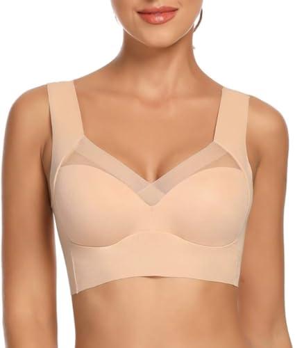 glamoras women nylon spandex seamless mesh lace beige bras for women wirefree comfortable padded lift push up thin soft sexy back smoothing bra pullover bras. size: l-3xl