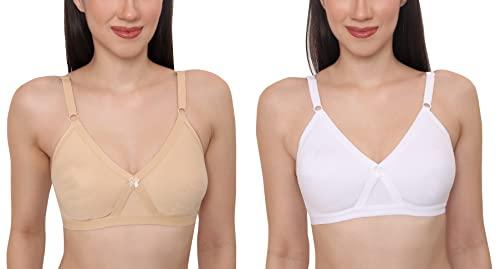 glamoras women poly cotton pc interlock fabric full coverage non-padded non-wired adjustable straps everyday bra, size 32-40, c & d cup, pack of 2 beige, white