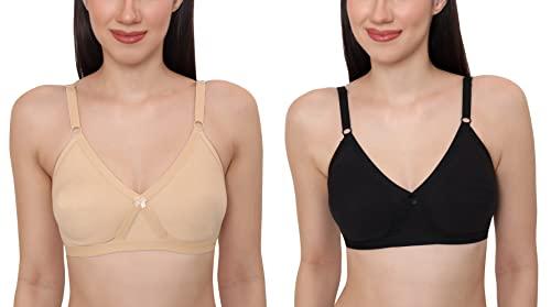 glamoras women poly cotton pc interlock fabric full coverage non-padded non-wired adjustable straps everyday bra, size 32-40, c & d cup, pack of 2 black, beige