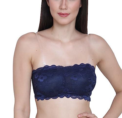 glamoras womens nylon lace spandex padded non wired floral lace tube bra strapless padded seamless hook closure bra, blue, free size