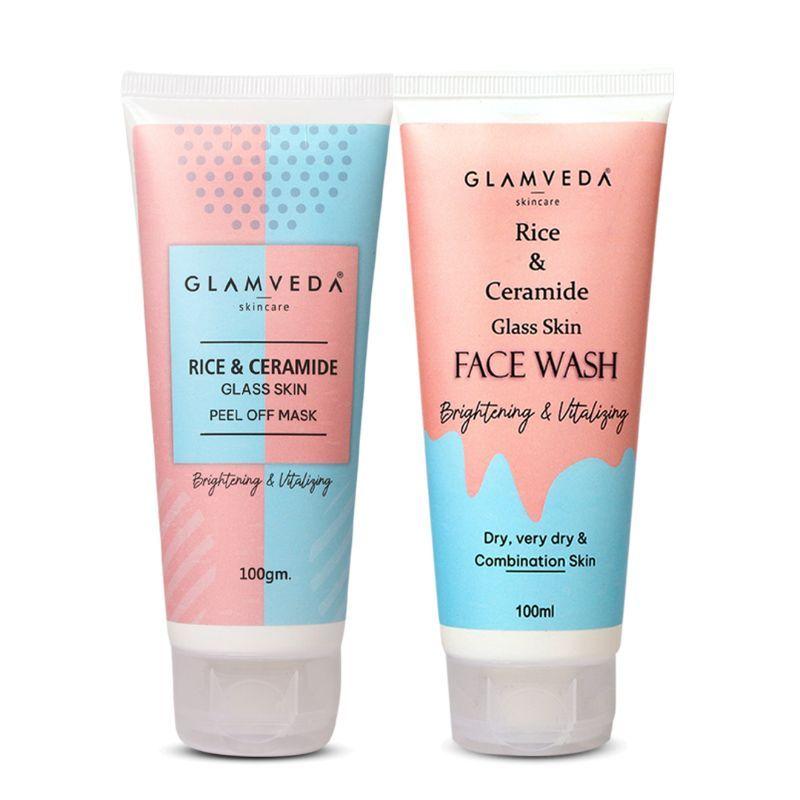 glamveda rice & ceramide korean glass skin combo (face wash + peel off mask)