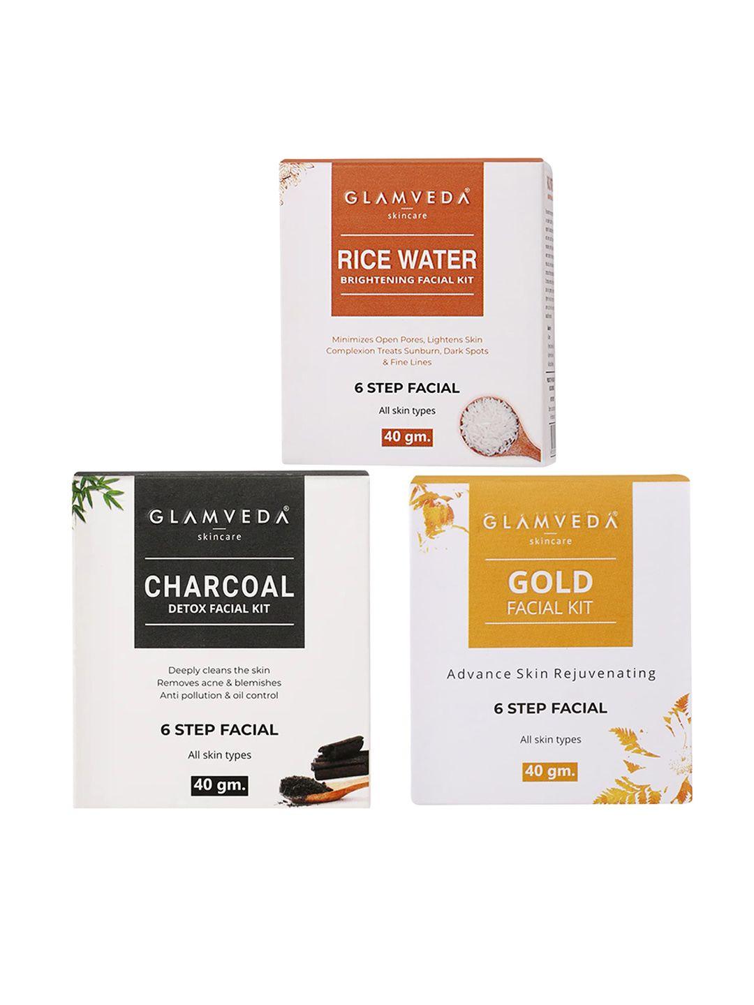 glamveda rice water brightening & gold & charcoal detox & anti pollution facial kit  40gm each