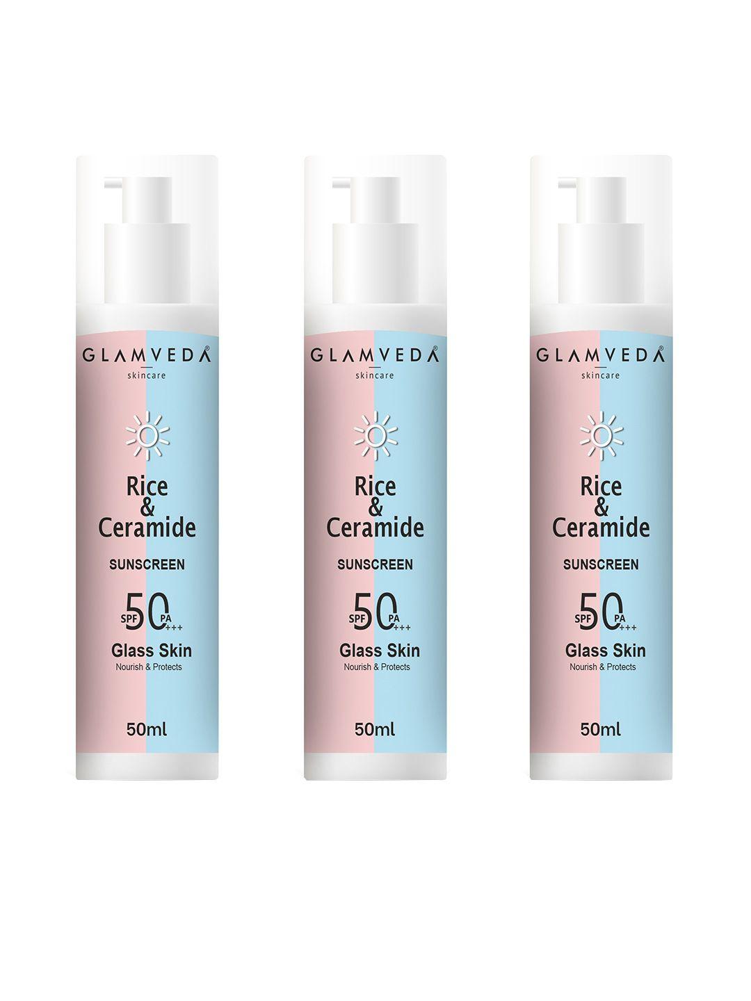 glamveda pack of 3 glass skin rice & ceramide spf 50 pa+++ sunscreen - 50ml each